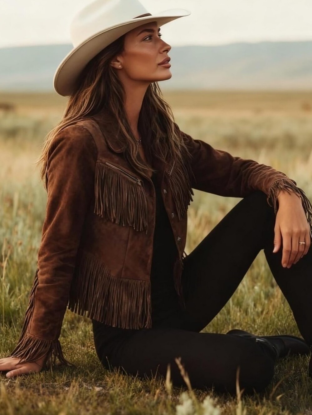 Brown Faux Suede Fringe Jacket - Women's Western Style Coat #101 - Picture 5 of 7